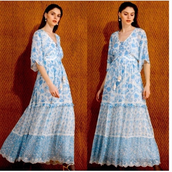 Hemant & Nandita Caleb Maxi Dress Blue White Dolman Sleeves Tiered Small S - Picture 1 of 16